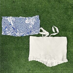 Blue and White Patterned Shorts and White Ruffled Top Set
